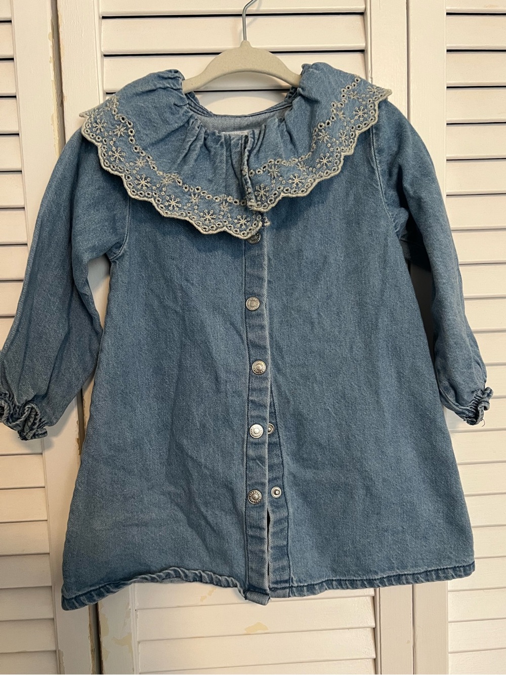Zara Light Blue Denim Dress Jacket with Eyelet Lace Collar